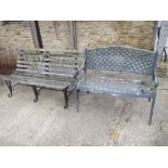 Two garden benches , one slatted wood, one grey metal effect both weathered and worn