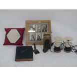 Photograph album of black and white travel photos and a box of mixed collectables