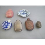 Group of oriental scent bottles including a wooden & metal line inlaid scent bottle, a miniature