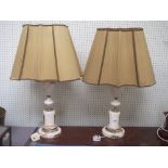 Pair marble and ormolu table lamps with gold coloured shades, 66cm H