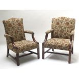 Near pair of George III design mahogany framed open armshairs, moulded square legs, crewel work