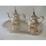 Persian design tray and two coffee pots