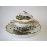Continental porcelain dish and cover on stand, each painted with birds and insects, the dish and
