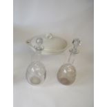 Two french glass hand blown decanters and stoppers, and a Wedgwood pottery gravy warmer with tree
