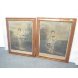 Pair of old glazed maple framed engravings of a girl and a boy