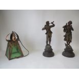 Art Nouveau Copper and Green glass hanging lantern together with pair of patinated Spelter figures
