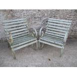 Pair of Garden chairs with iron frames and painted slatted seats and backs