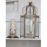 Polished brass hexagonal lantern , 61cm H together with an Anniversary clock under glass dome (2)