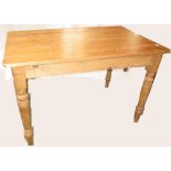 Victorian Pine table with end frieze drawer on turned legs, 114cm L