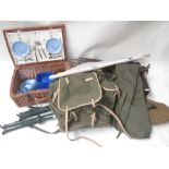 Quality Horse brasses, Aimes 2 Fishing stools, rug sack and cane bag picnic set