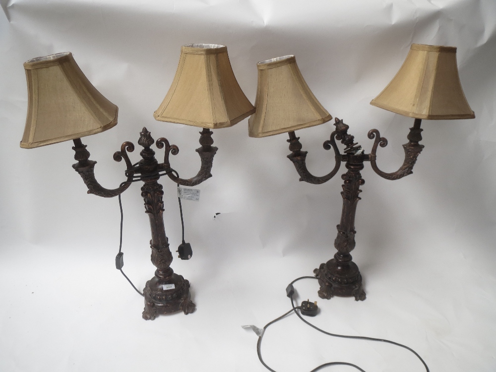 Pair of large decorative acanthus leaf twin branch candelabra lamps and shades