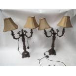 Pair of large decorative acanthus leaf twin branch candelabra lamps and shades