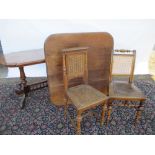 Victorian walnut occasional table, oak dining table and two mixed chairs