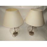 Two large glass and brass mounted table lamps and shades and various lights and fittings