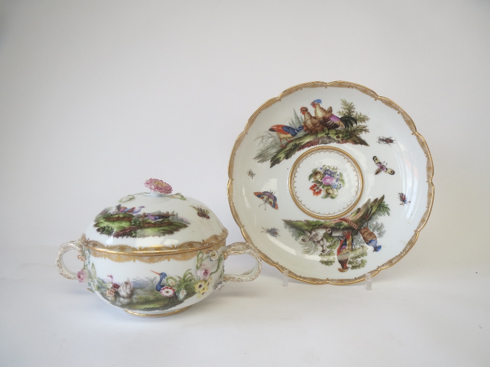 Continental porcelain dish and cover on stand, each painted with birds and insects, the dish and - Image 2 of 2