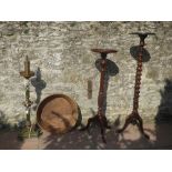 Two tripod jardiniere/plant stands, a vintage wooden bowl and a gilt metal and painted floor lamp