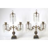 Pair gilt metal twin branch lustre candlesticks with prism pendant drops (2)