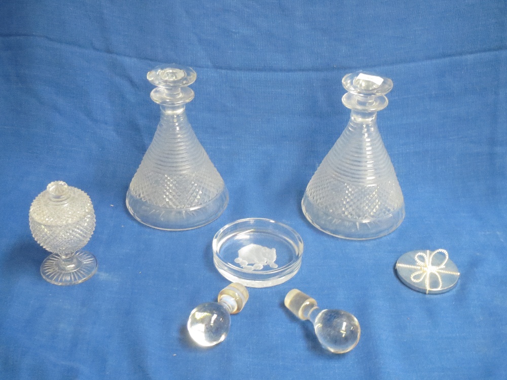 Pair good C19th bright cut glass ships decanters, and stoppers and other glass