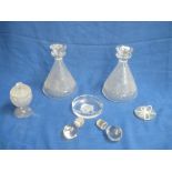 Pair good C19th bright cut glass ships decanters, and stoppers and other glass