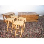 Modern pine nest of tables, pine blanket box, four pine slatted stools