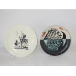 Picasso design printed plate depicting figures on horseback and another plate printed in slip