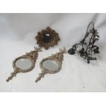 Pair of Giltwood wall mirrors, a small mirror, and a wrought iron three branch drop pendant