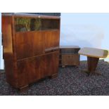 Art Deco walnut side cabinet, occasional table and side cabinet