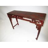 Chinese red lacquered altar table with panels of birds and landscape on end supports 126W