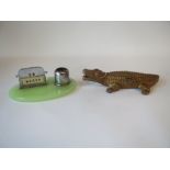 Cold painted cigarette/matches holder depicting a crocodile and  onyx Inkwell with month date