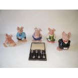 Set of Five Wade NAT WEST 'Piggy' Banks all with stoppers, Set of six Hallmarked silver teaspoons in