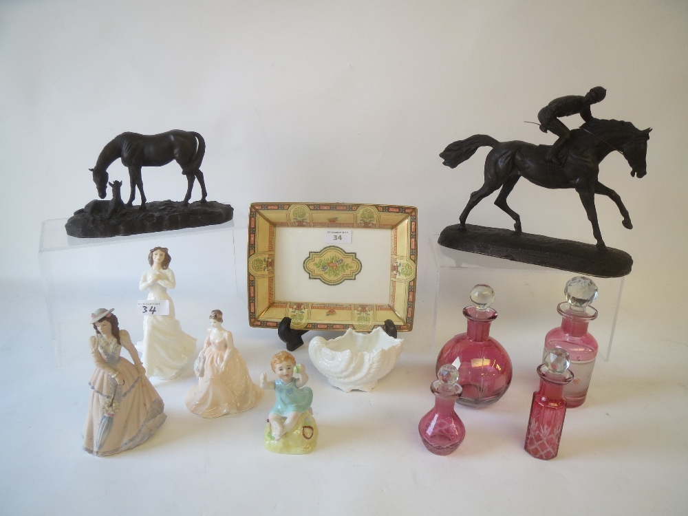 Royal Doulton figure. Royal Worcester figure and dish, 2 Coalport figures and Cranberry scent bottle