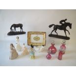 Royal Doulton figure. Royal Worcester figure and dish, 2 Coalport figures and Cranberry scent bottle