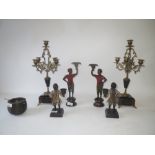 Pair black moon metal figures and pair gilt metal and marble and slate base candelabra etc