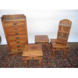 3 modern teak occasional tables and teak chest of drawers, teak wall shelf