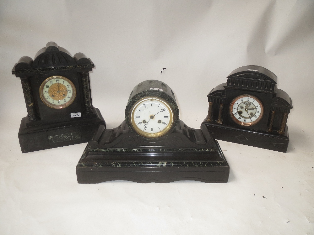 Slate mantel clock with visible Brocot escapement and two slate and marble mantel clocks (3)