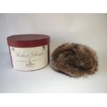 Ladies fox fur hat bears label Herbert Johnson of London with cardboard hat box, Approx size 7-7.1/4