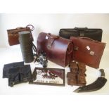 Three vintage briefcases, Ladies hand bag, flask, kukri etc