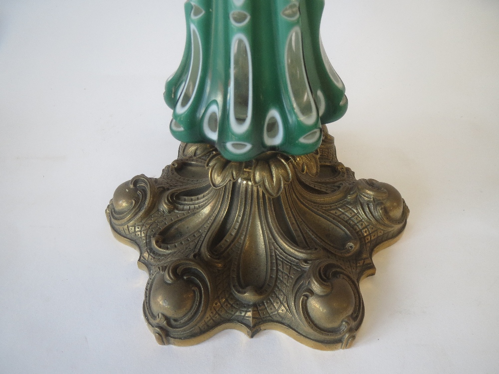 Green and white opaline and lacquered brass "Duplex" oil lamp, 58cm high - Image 2 of 2