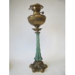 Green and white opaline and lacquered brass "Duplex" oil lamp, 58cm high