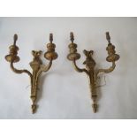 Pair of C19/20th gilt metal twin branch wall lights converted to electricity