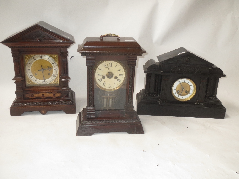 c.1900 Oak cased breakfast clock with 2 train movement, French black slate architectual clock and