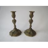 Pair C18th style lacquered brass candlesticks, 22cmHigh
