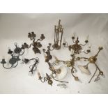 Assortment of brass and metal light fittings together with set of fireirons