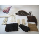 Two vintage hand bags, two lace collars, silk handkerchiefs and sampler