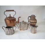 C19th Copper Kettle, a Doulton Stoneware silicon jug with plated mounts and a three piece plated tea