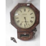 Victorian rosewood mauquetry inlaid octagonal wall clock with two train movement, the dial inscribed