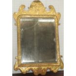 C18th gitlwood wall mirror with foliate carved cresting - original plate, 79cm high