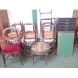 7 assorted Victorian chairs, a Bedroom chair, Edwardian music cabinet, glass top table and sundry