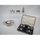 Set of 6 Hallmarked silver tea spoons with sugar tongs in original case and mixed silver items 10