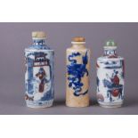 Three C19th Chinese porcelain snuff bottles, the first underglaze red and blue bottle painted with a